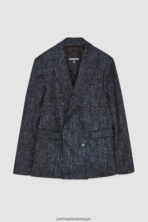 Patrizia Pepe homens blazer trespassado em lurex metalizado lurex preto e preto vestuário TX086V1038