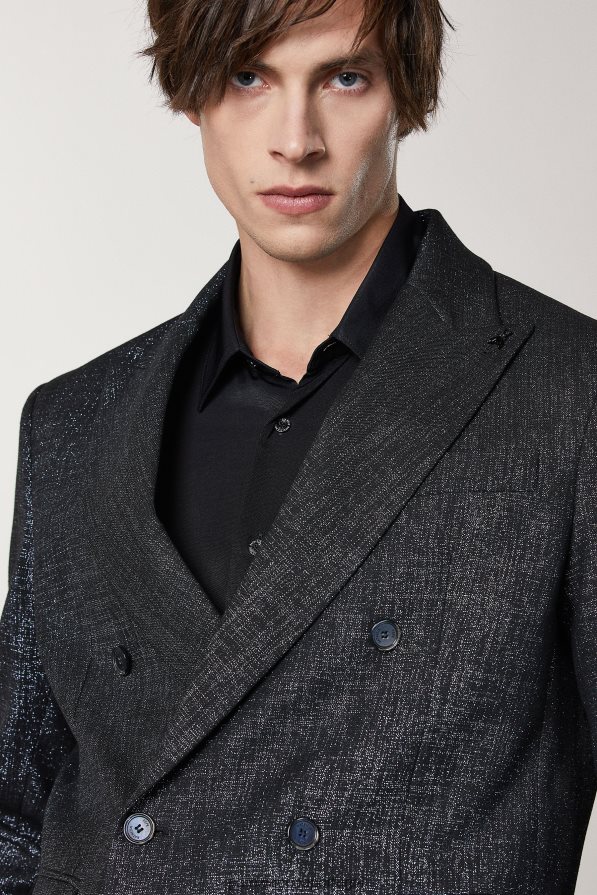 Patrizia Pepe homens blazer trespassado em lurex metalizado lurex preto e preto vestuário TX086V1038