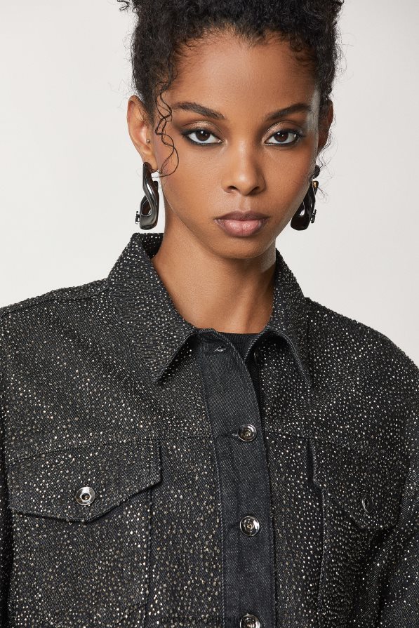 Patrizia Pepe mulheres jaqueta jeans de algodão lavagem de joias pretas vestuário TX086V162