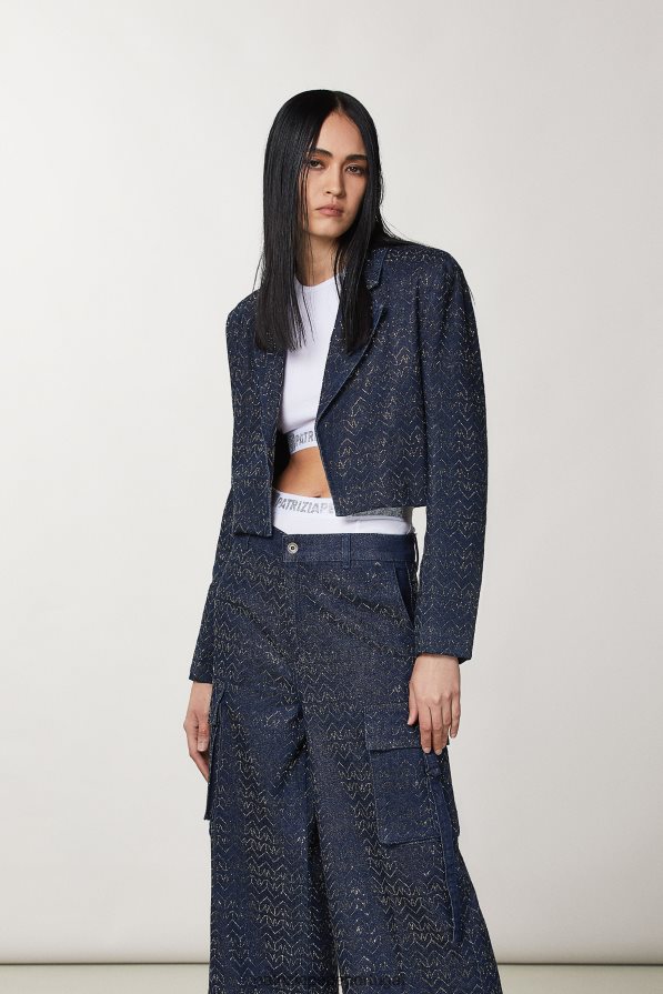 Patrizia Pepe mulheres jaqueta jeans recortada lavagem com strass monograma vestuário TX086V393