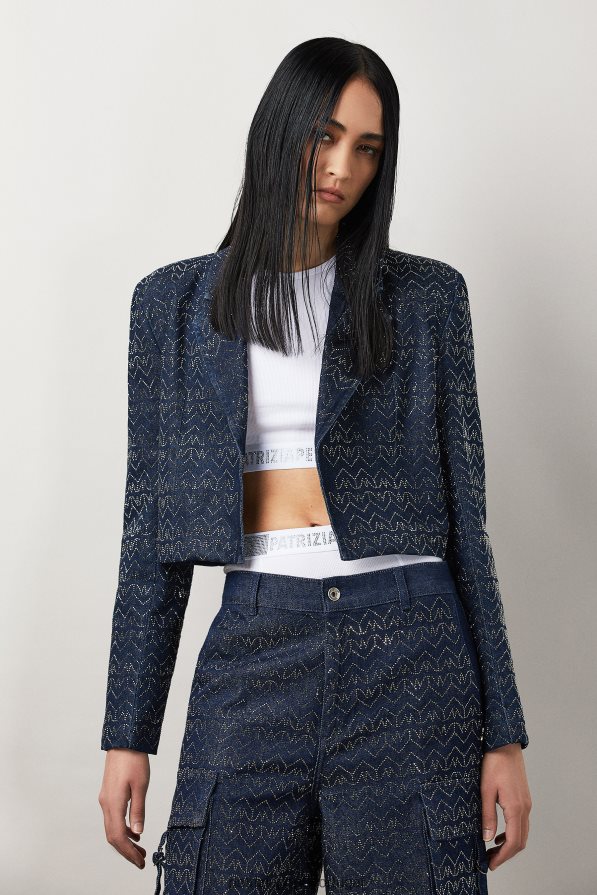 Patrizia Pepe mulheres jaqueta jeans recortada lavagem com strass monograma vestuário TX086V393