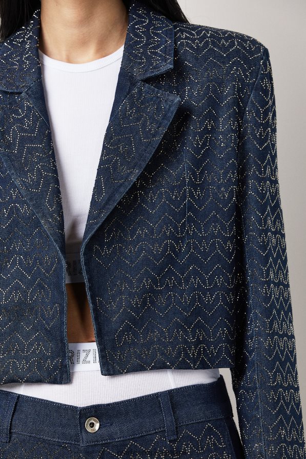 Patrizia Pepe mulheres jaqueta jeans recortada lavagem com strass monograma vestuário TX086V393