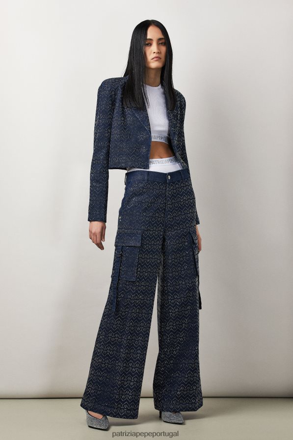 Patrizia Pepe mulheres jaqueta jeans recortada lavagem com strass monograma vestuário TX086V393