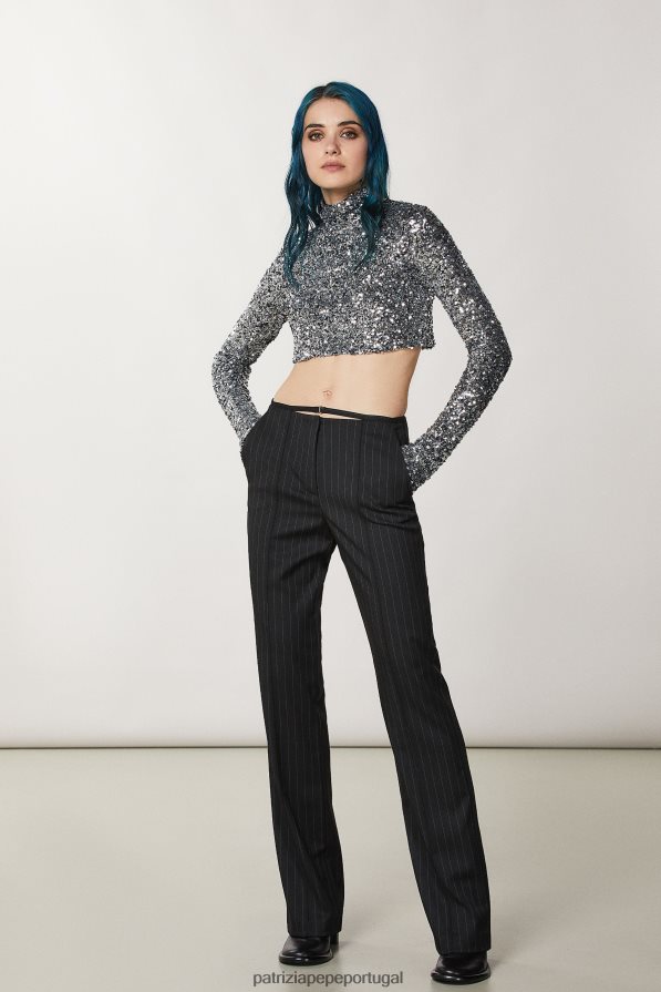 Patrizia Pepe mulheres calças de flanela riscas pretas vestuário TX086V186