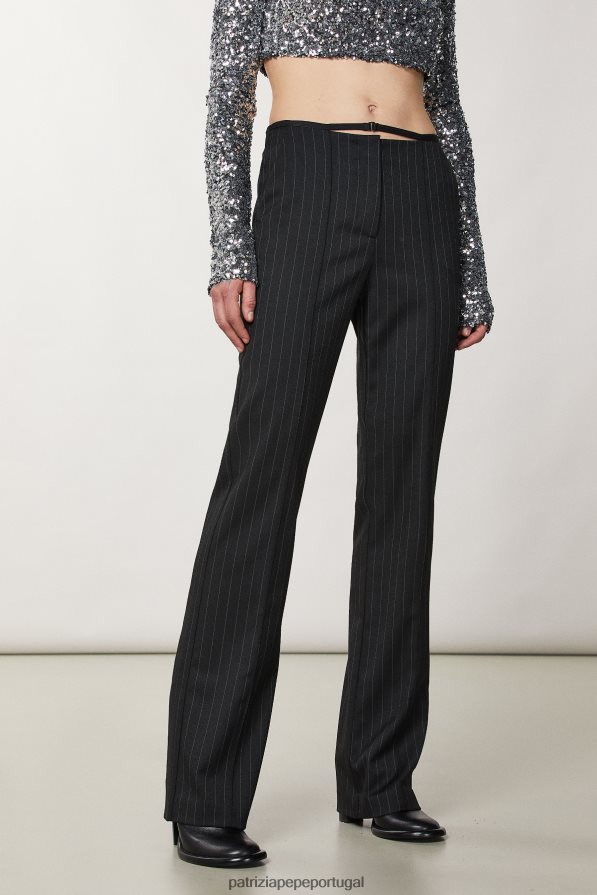 Patrizia Pepe mulheres calças de flanela riscas pretas vestuário TX086V186
