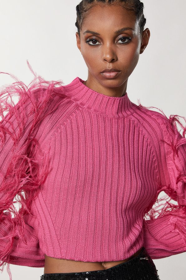 Patrizia Pepe mulheres suéter canelado com penas fuxia dinâmica vestuário TX086V645