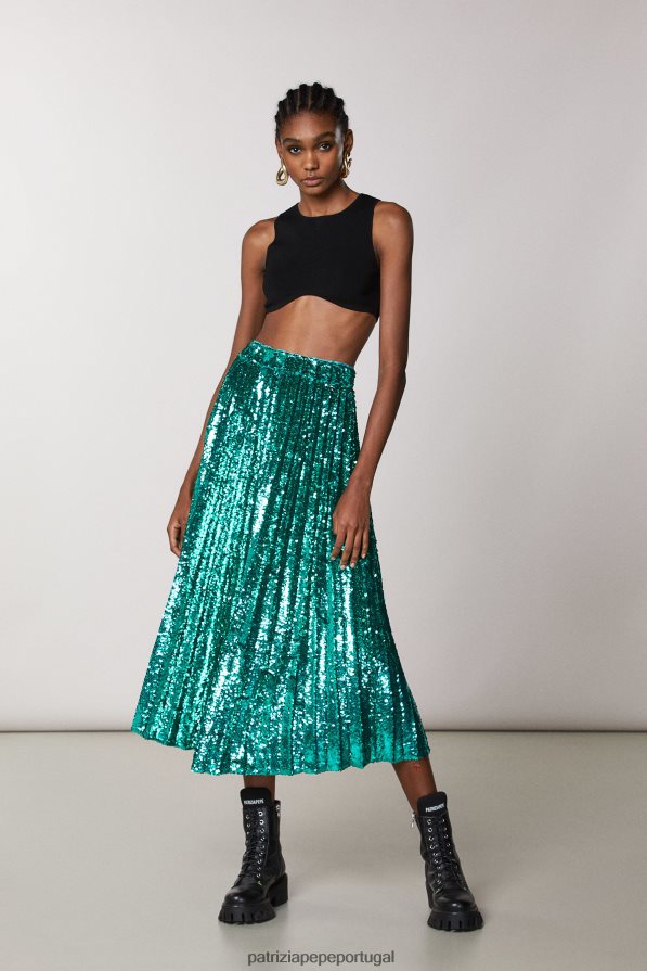 Patrizia Pepe mulheres saia plissada decorada com lantejoulas ilusãolantejoulas verdes vestuário TX086V409