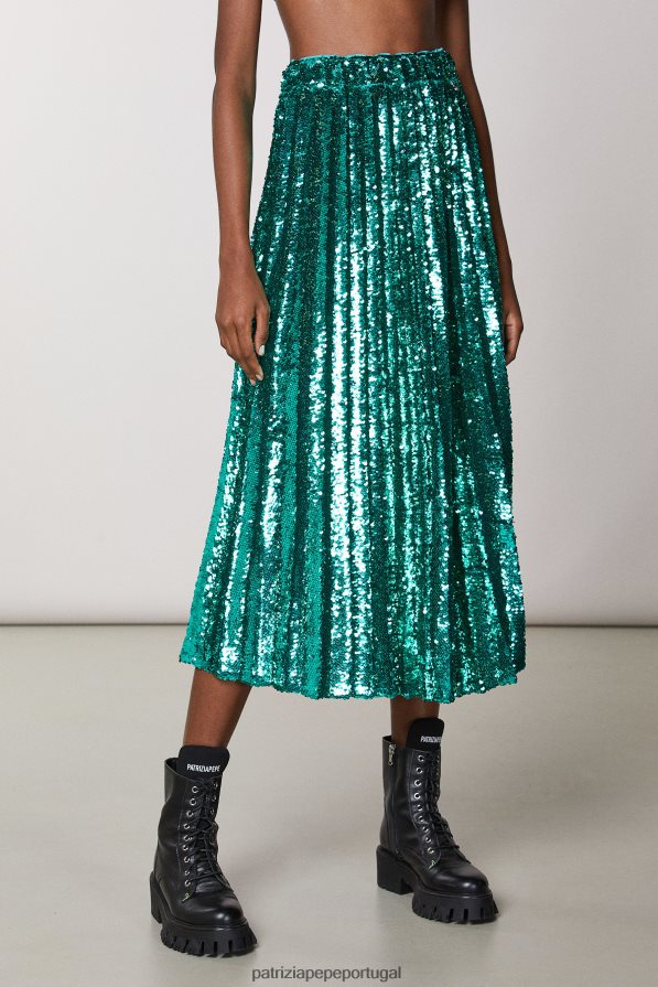 Patrizia Pepe mulheres saia plissada decorada com lantejoulas ilusãolantejoulas verdes vestuário TX086V409