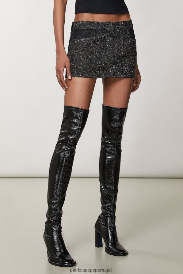 Patrizia Pepe mulheres minissaia jeans com strass lavagem de joias pretas vestuário TX086V151