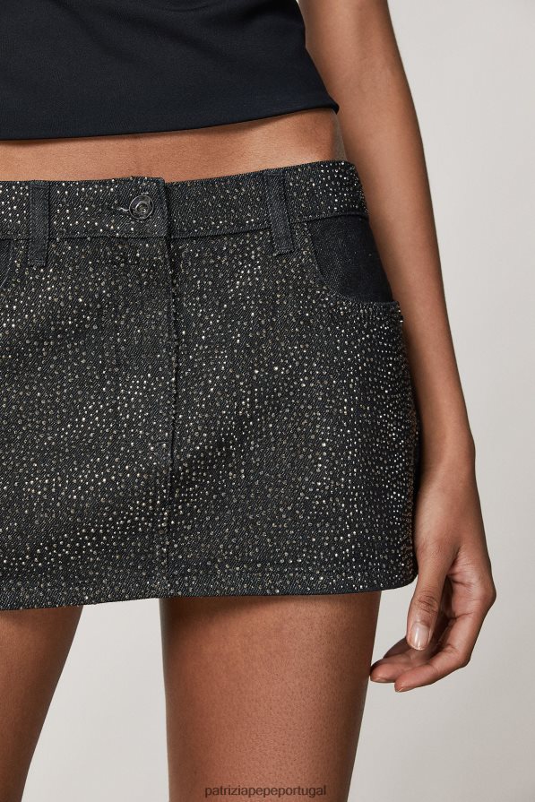 Patrizia Pepe mulheres minissaia jeans com strass lavagem de joias pretas vestuário TX086V151