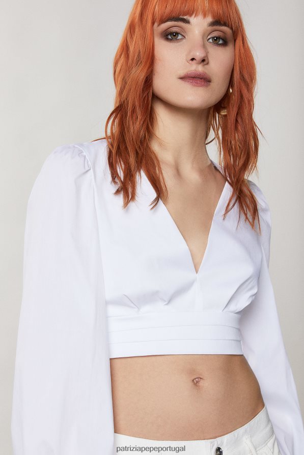 Patrizia Pepe mulheres camisa cropped manga balão branco ótico vestuário TX086V372