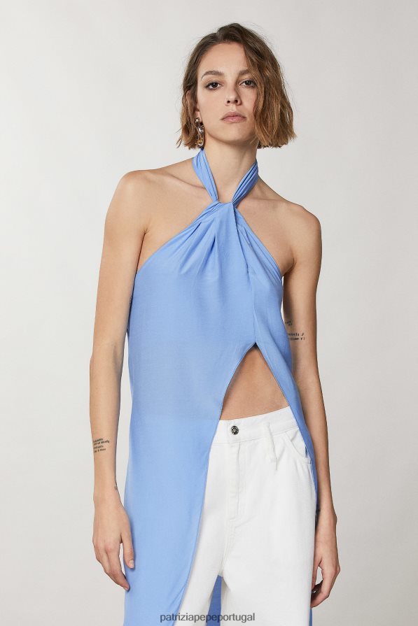 Patrizia Pepe mulheres top halter assimétrico cerâmica azul vestuário TX086V193