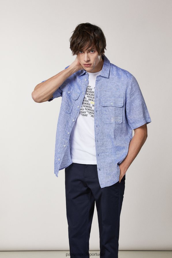 Patrizia Pepe homens camisa de linho manga curta azul fiammato vestuário TX086V1026