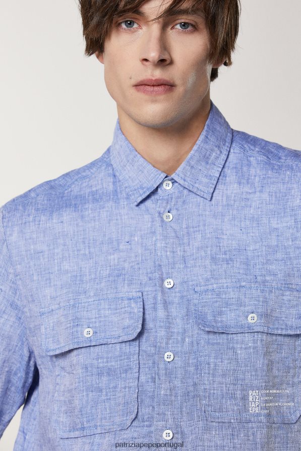 Patrizia Pepe homens camisa de linho manga curta azul fiammato vestuário TX086V1026