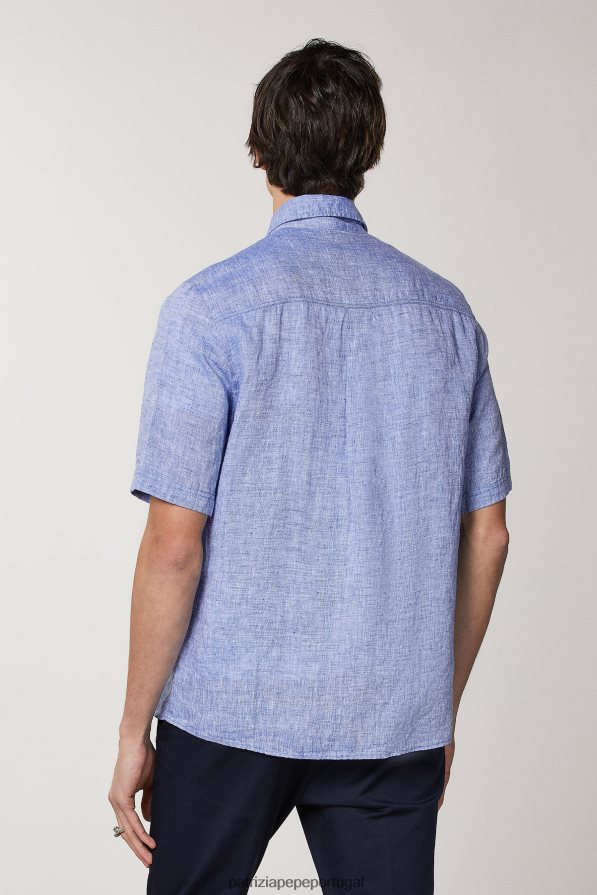 Patrizia Pepe homens camisa de linho manga curta azul fiammato vestuário TX086V1026