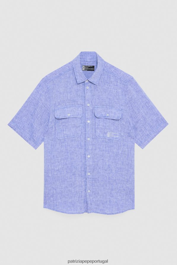 Patrizia Pepe homens camisa de linho manga curta azul fiammato vestuário TX086V1026