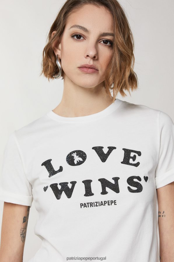 Patrizia Pepe mulheres camiseta estampada com strass lavado de branco vestuário TX086V214