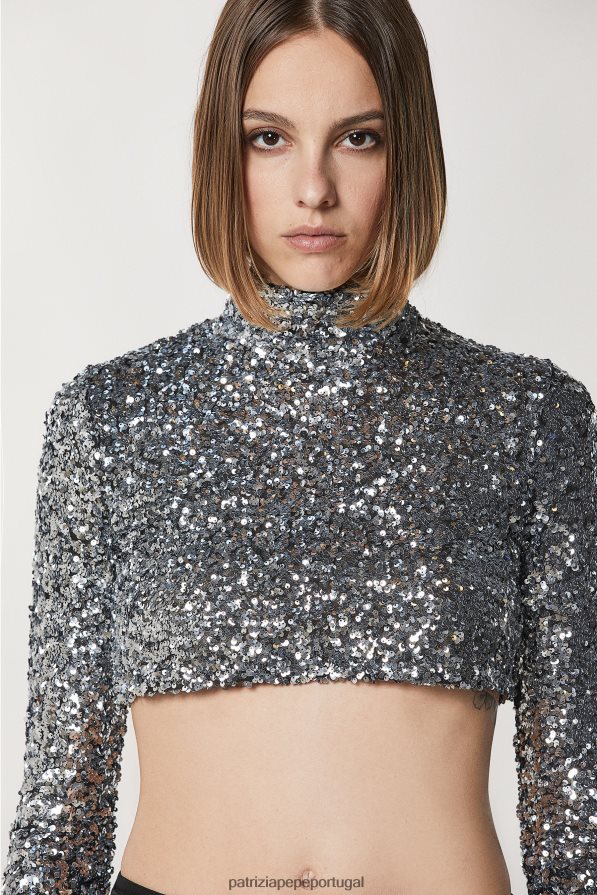Patrizia Pepe mulheres camiseta cropped com lantejoulas lantejoulas prateadas vestuário TX086V167
