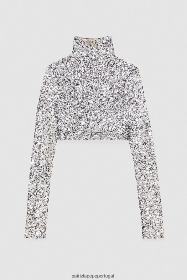 Patrizia Pepe mulheres camiseta cropped com lantejoulas lantejoulas prateadas vestuário TX086V167