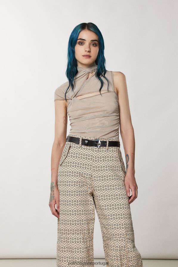 Patrizia Pepe mulheres camiseta cruzada de um ombro só artesanal bege vestuário TX086V633