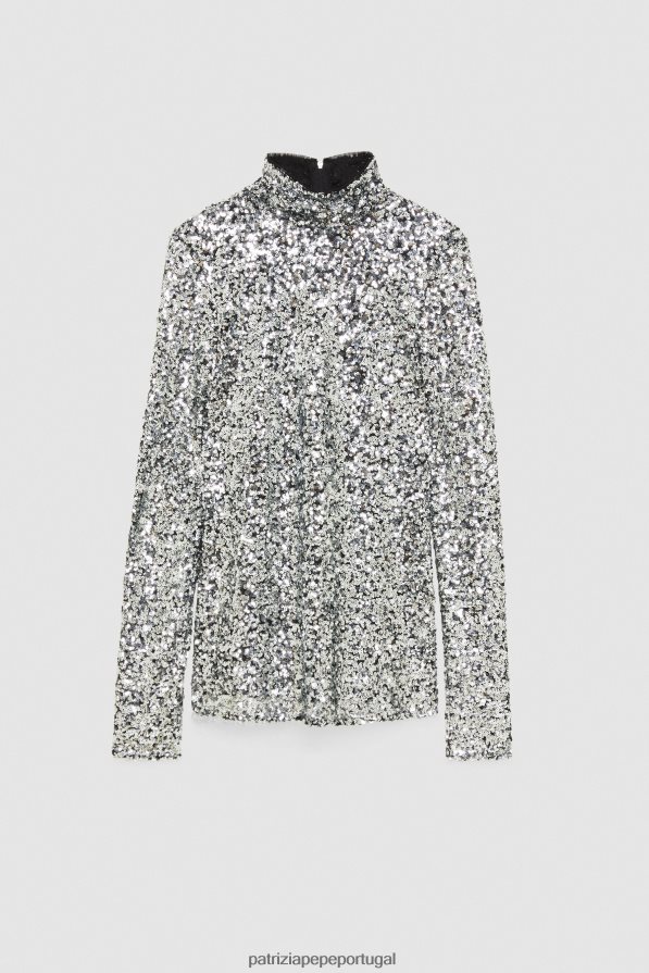 Patrizia Pepe mulheres camiseta gola alta com lantejoulas lantejoulas prateadas vestuário TX086V153