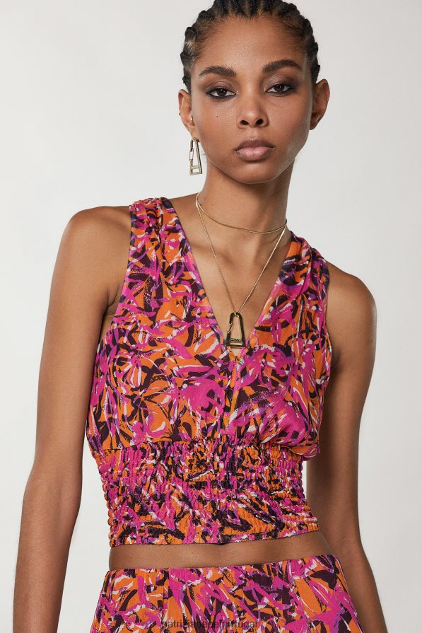 Patrizia Pepe mulheres top com decote em V com detalhe de joias laranja suculenta abstrata vestuário TX086V602