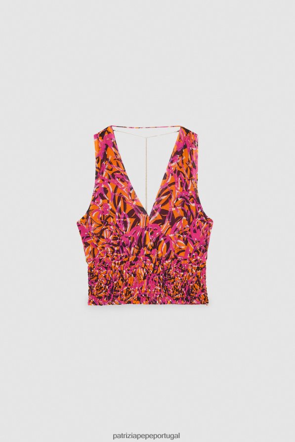 Patrizia Pepe mulheres top com decote em V com detalhe de joias laranja suculenta abstrata vestuário TX086V602