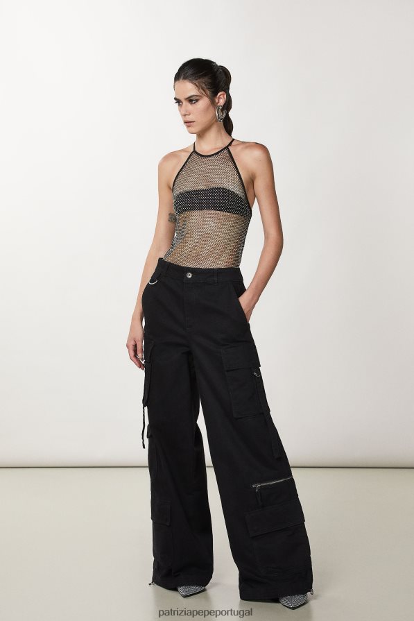 Patrizia Pepe mulheres top de gola redonda em malha de strass Nero vestuário TX086V440