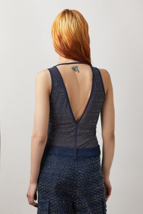 Patrizia Pepe mulheres top de tule com strass e decote em V monograma azul e strass vestuário TX086V388