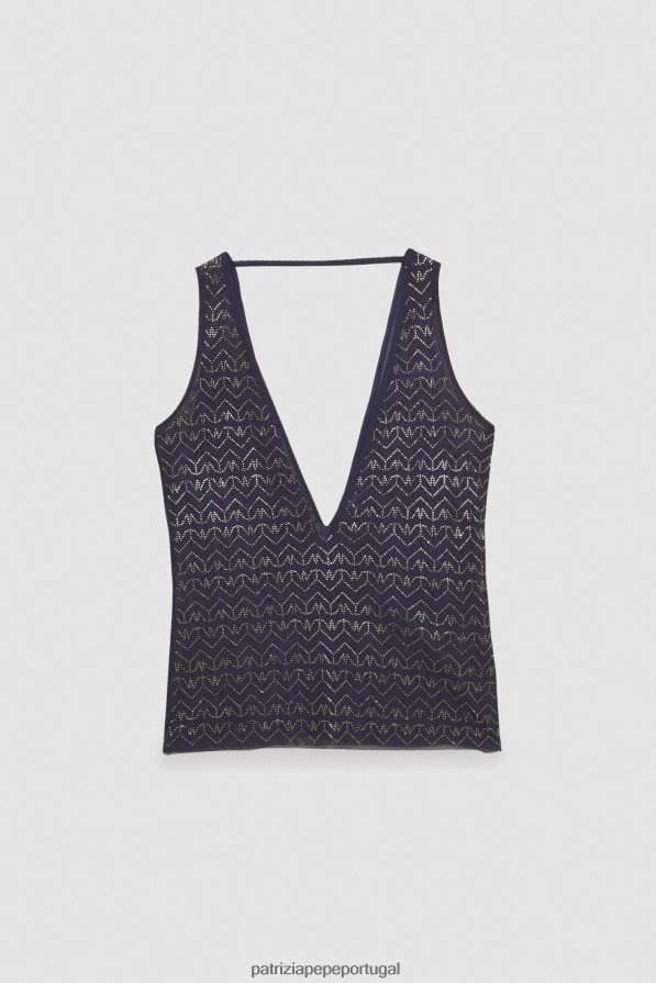 Patrizia Pepe mulheres top de tule com strass e decote em V monograma azul e strass vestuário TX086V388