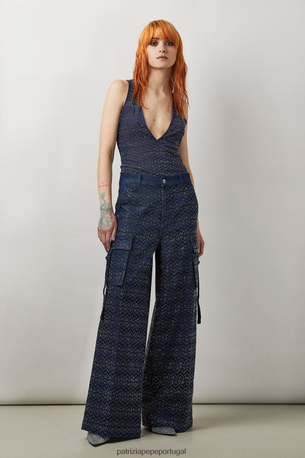 Patrizia Pepe mulheres top de tule com strass e decote em V monograma azul e strass vestuário TX086V388