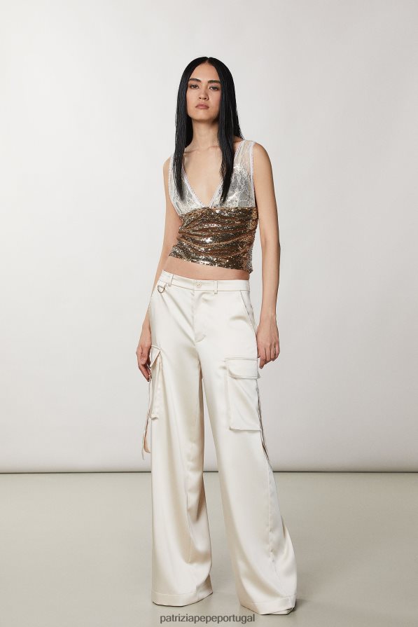 Patrizia Pepe mulheres top de tule e renda martini bege/dourado vestuário TX086V272