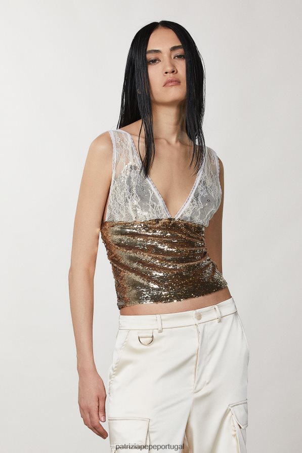 Patrizia Pepe mulheres top de tule e renda martini bege/dourado vestuário TX086V272