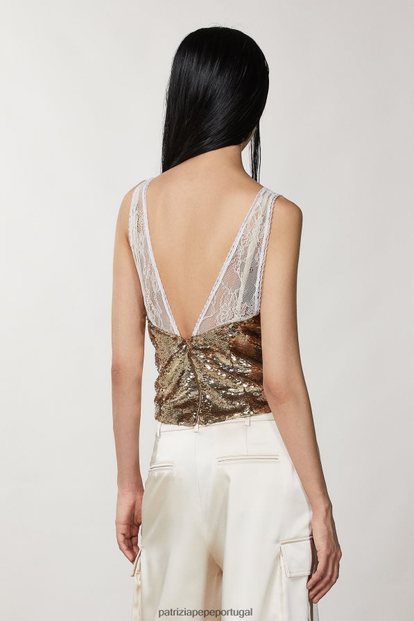 Patrizia Pepe mulheres top de tule e renda martini bege/dourado vestuário TX086V272