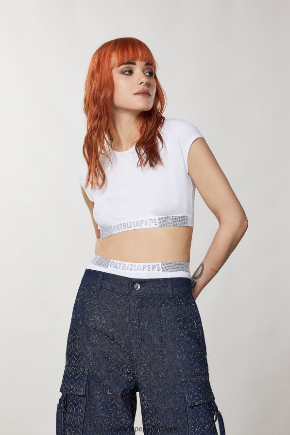 Patrizia Pepe mulheres top em malha canelada com strass branco vestuário TX086V389