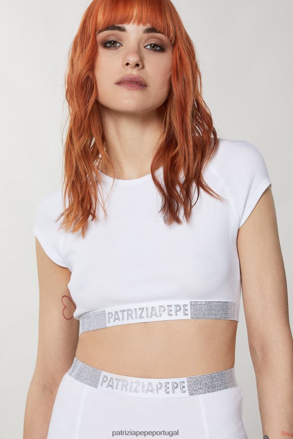 Patrizia Pepe mulheres top em malha canelada com strass branco vestuário TX086V389