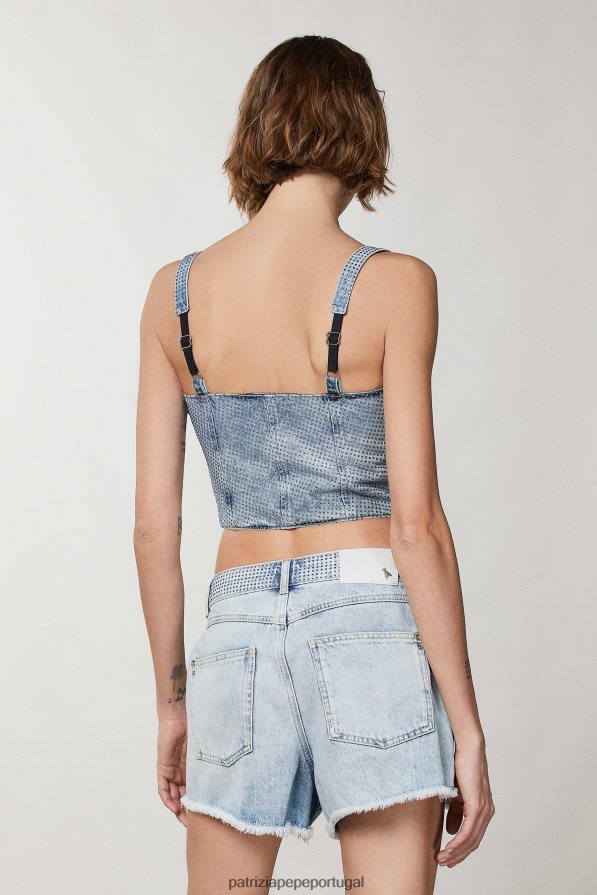 Patrizia Pepe mulheres top espartilho jeans adornado com strass joia de pedra clara vestuário TX086V336