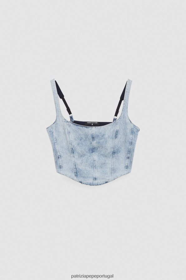 Patrizia Pepe mulheres top espartilho jeans adornado com strass joia de pedra clara vestuário TX086V336