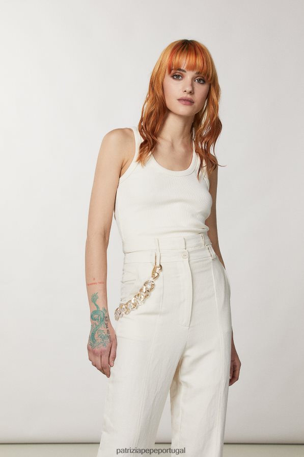 Patrizia Pepe mulheres top recortado em malha canelada linho branco vestuário TX086V555