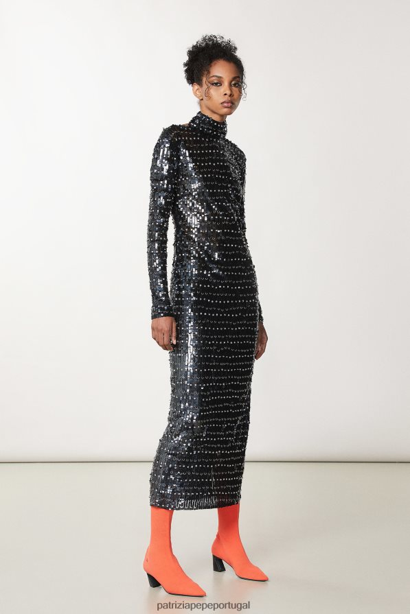 Patrizia Pepe mulheres vestido de paetê com costas abertas lantejoulas pretas e prata vestuário TX086V707