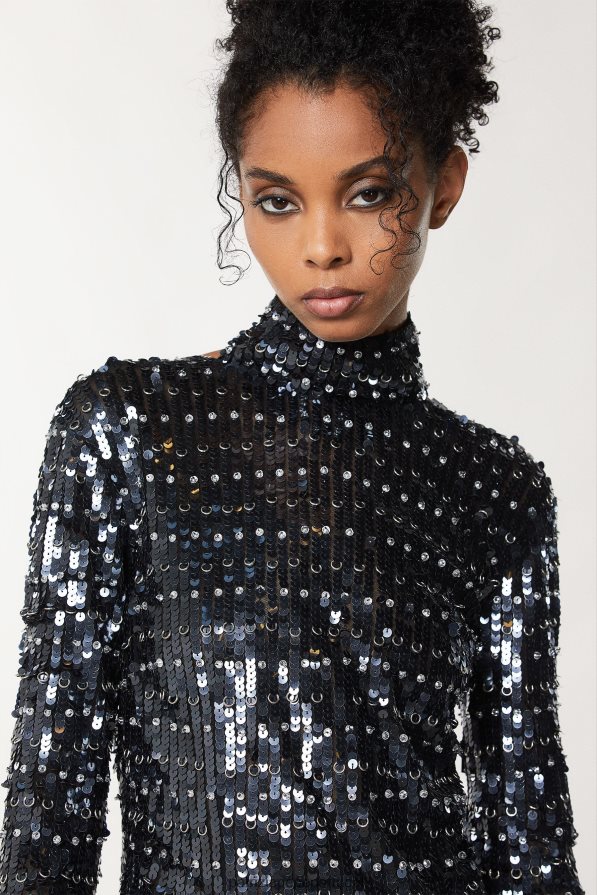 Patrizia Pepe mulheres vestido de paetê com costas abertas lantejoulas pretas e prata vestuário TX086V707