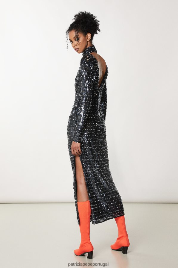Patrizia Pepe mulheres vestido de paetê com costas abertas lantejoulas pretas e prata vestuário TX086V707