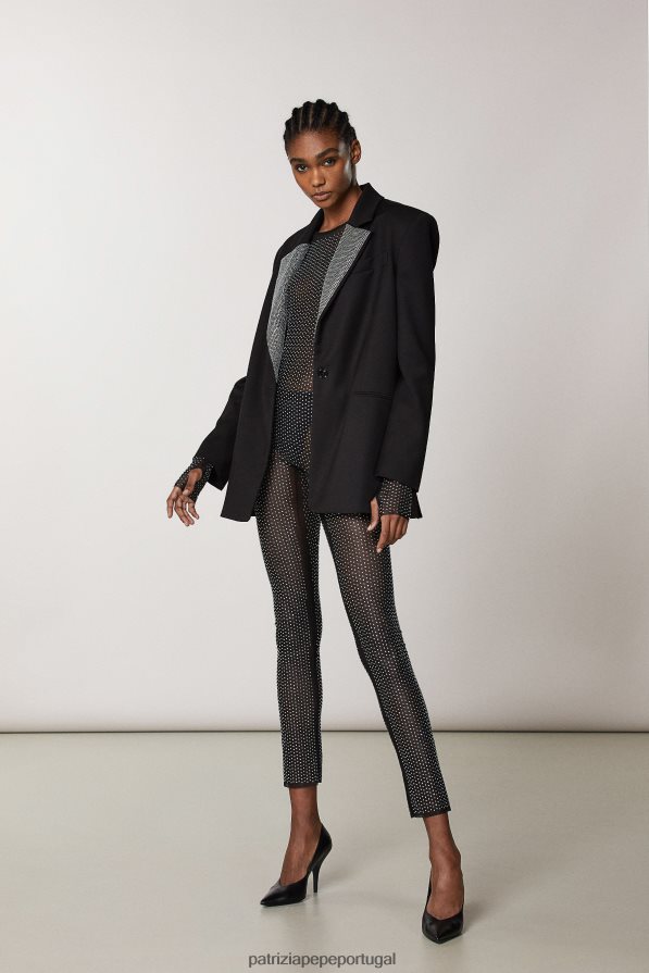 Patrizia Pepe mulheres macacão de tule manga longa preto e cristal vestuário TX086V673