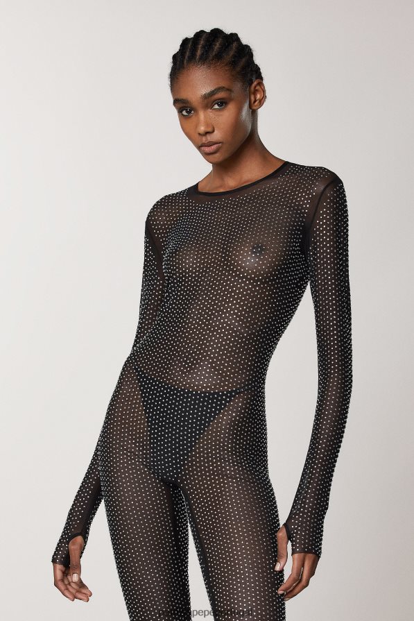 Patrizia Pepe mulheres macacão de tule manga longa preto e cristal vestuário TX086V673