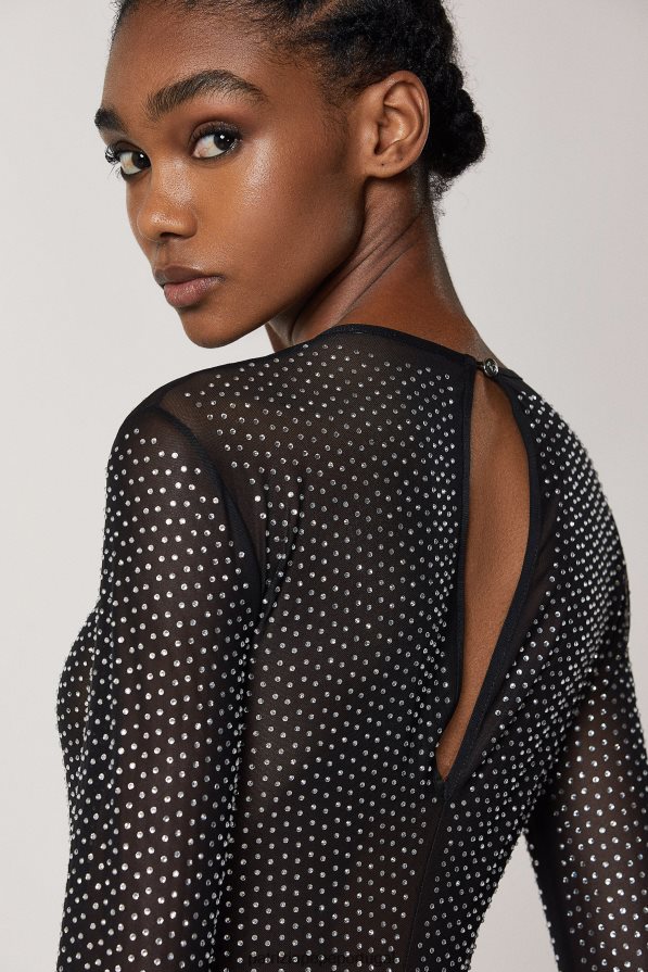 Patrizia Pepe mulheres macacão de tule manga longa preto e cristal vestuário TX086V673