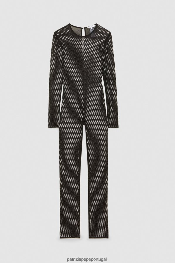 Patrizia Pepe mulheres macacão de tule manga longa preto e cristal vestuário TX086V673