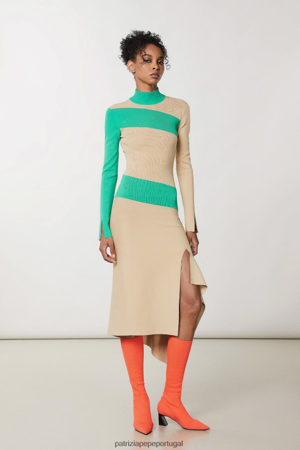 Patrizia Pepe mulheres vestido assimétrico bicolor artesanal bege e v.verde vestuário TX086V631