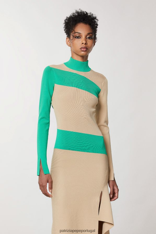 Patrizia Pepe mulheres vestido assimétrico bicolor artesanal bege e v.verde vestuário TX086V631