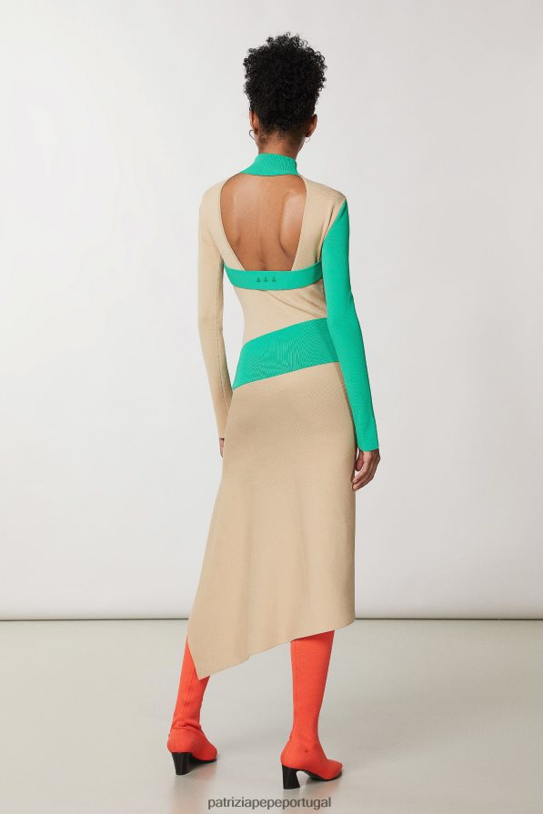 Patrizia Pepe mulheres vestido assimétrico bicolor artesanal bege e v.verde vestuário TX086V631