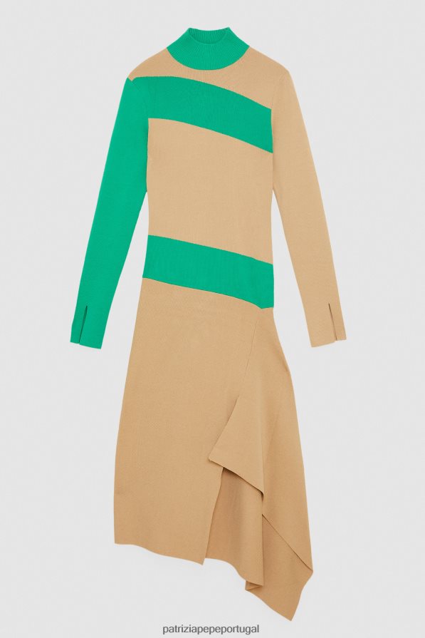 Patrizia Pepe mulheres vestido assimétrico bicolor artesanal bege e v.verde vestuário TX086V631